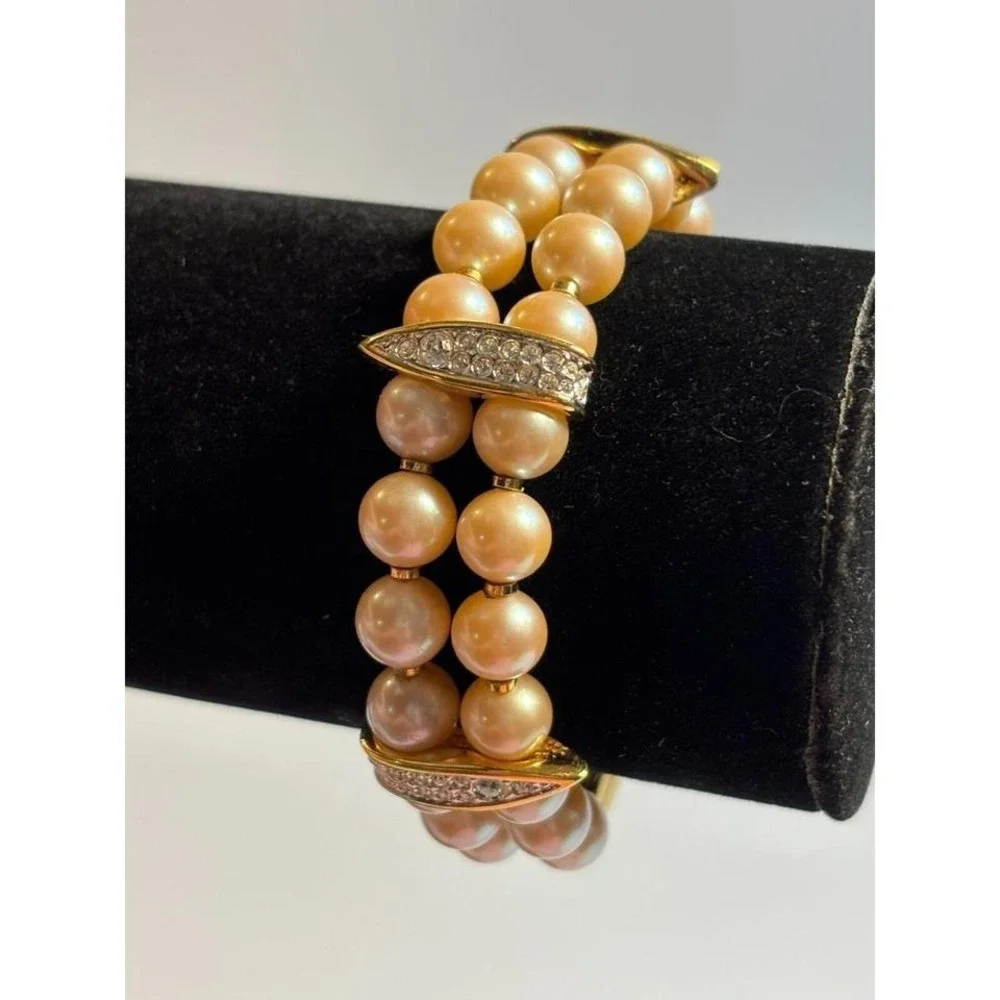 Bracelet Chunky‎ Bold 80s Maximalist Fashion Faux Pearl Gold Tone Rhinestone